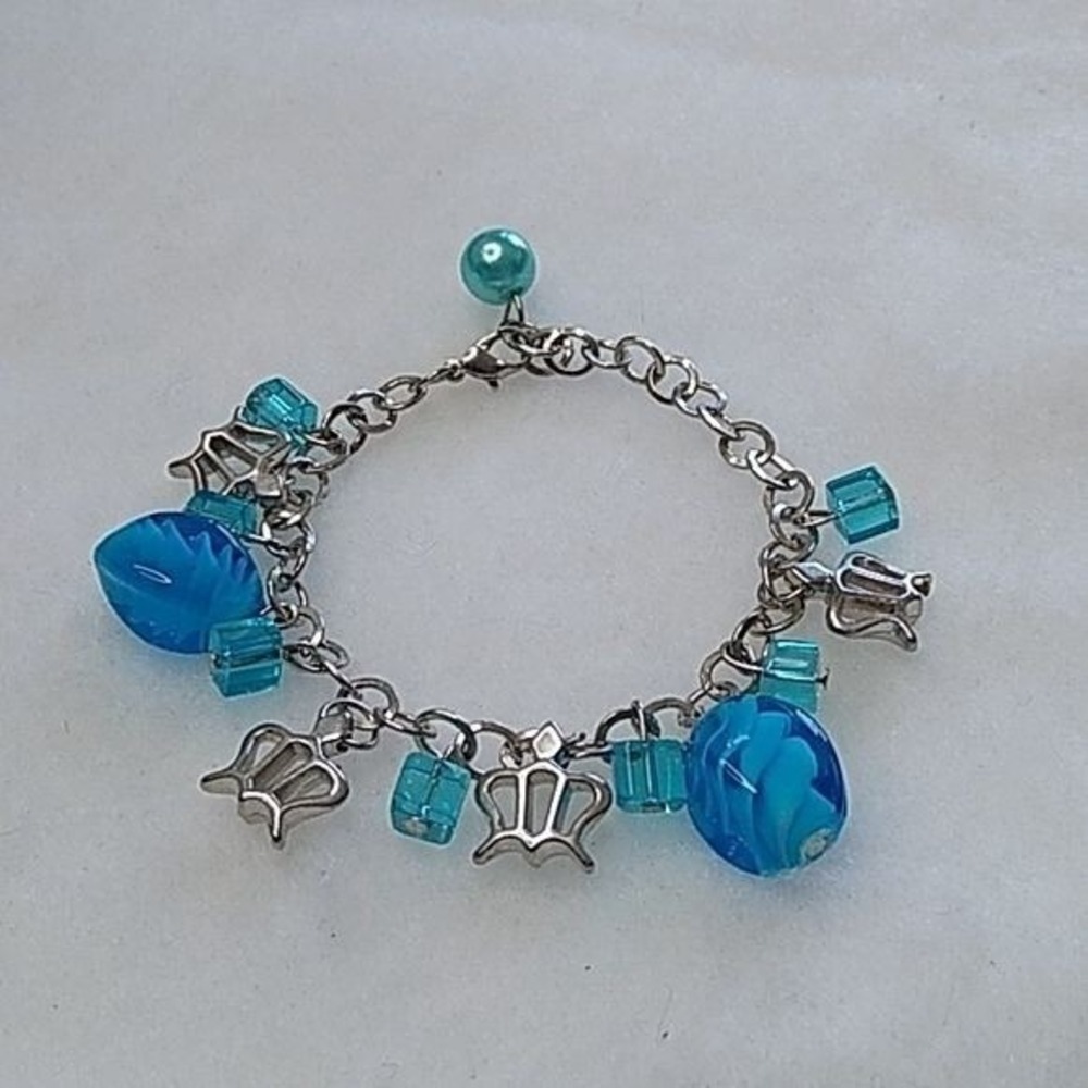 Silvertone blue‎ glass charm bracelet